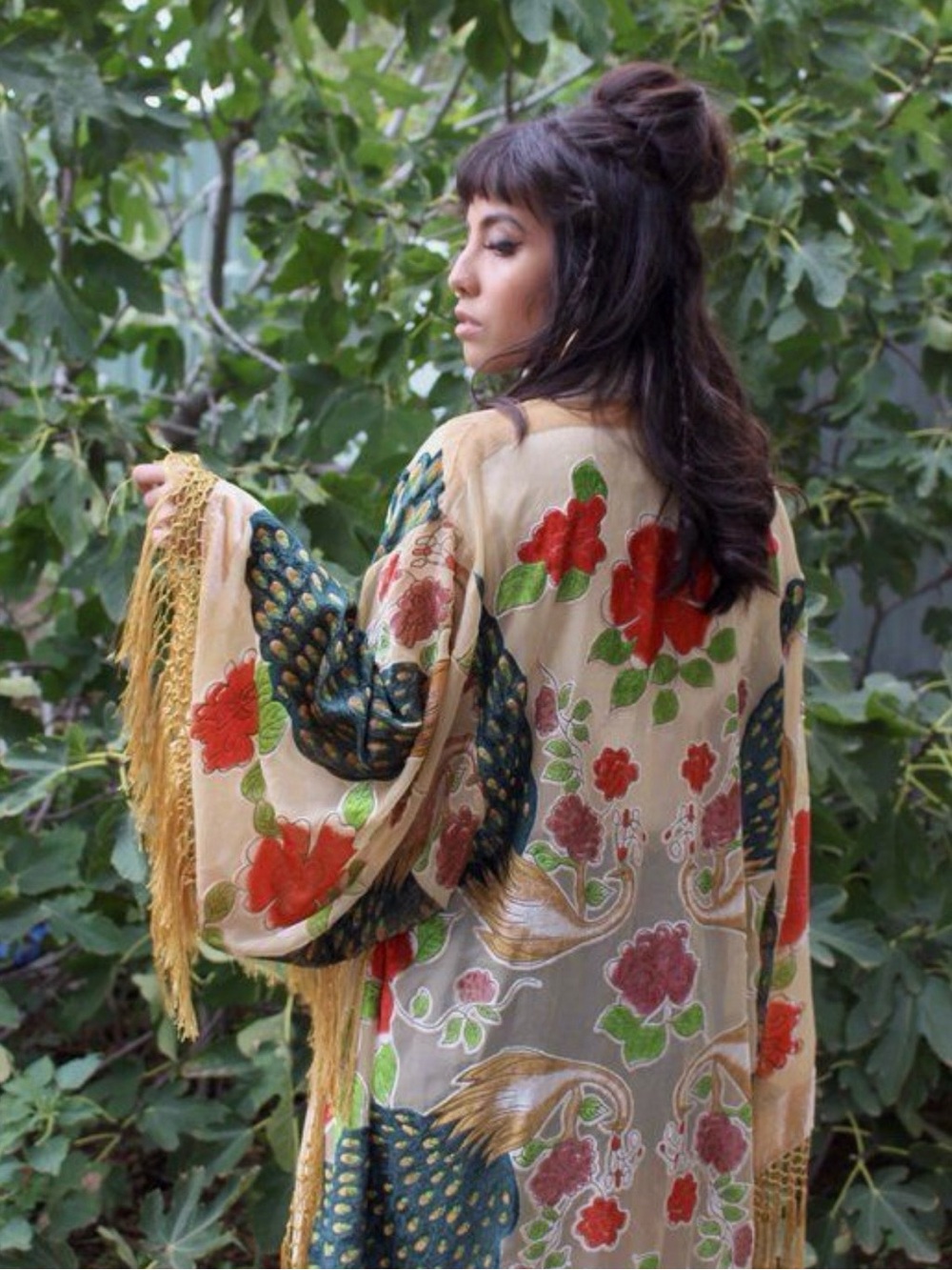 Boho Bridal Velvet Kimono Robe: Fringed Peacock Burnout